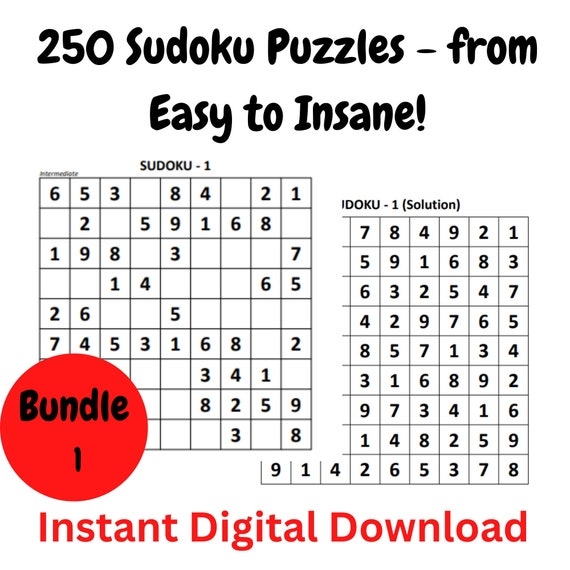250 Sudoku Puzzles With Solutions Bundle 1 Easy To Insane Digital 