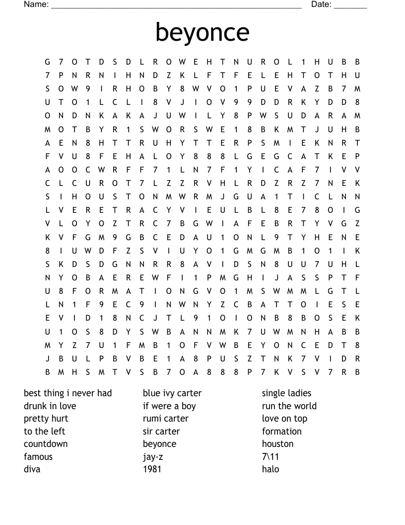 Beyonce Word Search WordMint