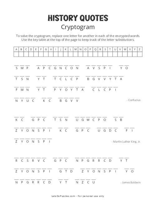 Free Printable History Quotes Cryptogram Puzzle