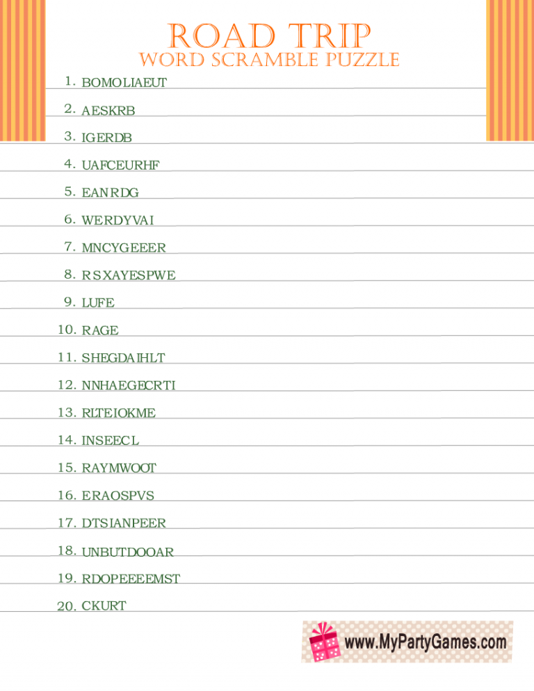 Free Printable Road Trip Word Scramble Puzzles