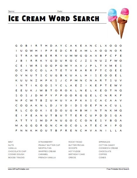 Ice Cream Word Search Free Printable