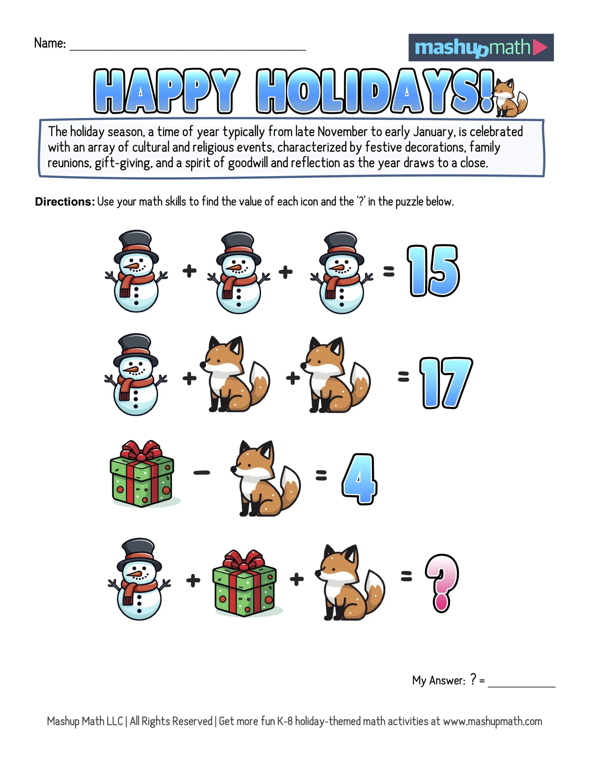 12 Days Of Holiday Math Puzzles Printable K 8 Worksheets Mashup Math