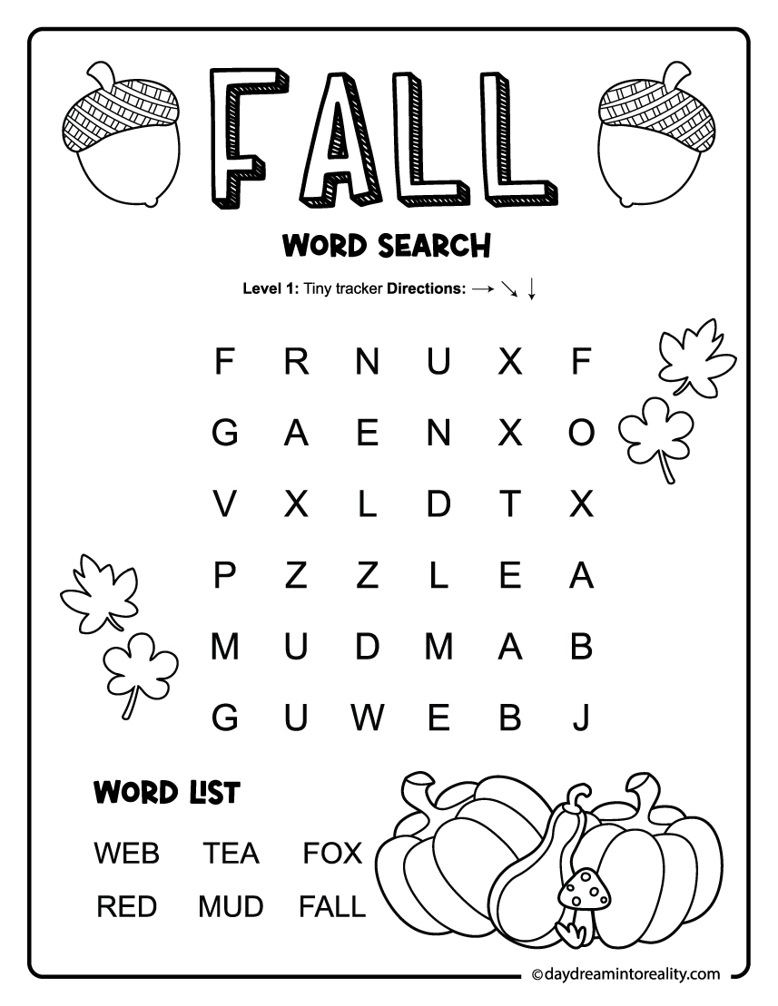 15 Fall Word Search Free PDF Printables 6 Levels Of Difficulty Daydream Into Reality