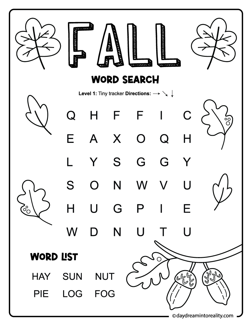 15 Fall Word Search Free PDF Printables 6 Levels Of Difficulty Daydream Into Reality