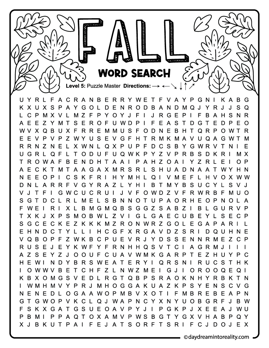 15 Fall Word Search Free PDF Printables 6 Levels Of Difficulty Daydream Into Reality