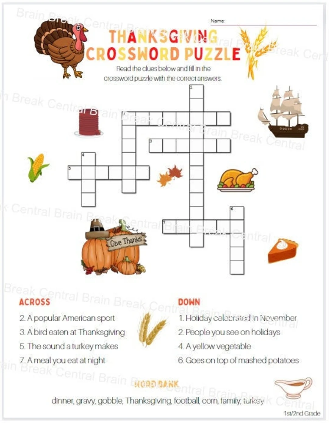 1st Grade Thanksgiving Crossword Puzzle With Word Bank And Answer Key Printable Etsy Israel
