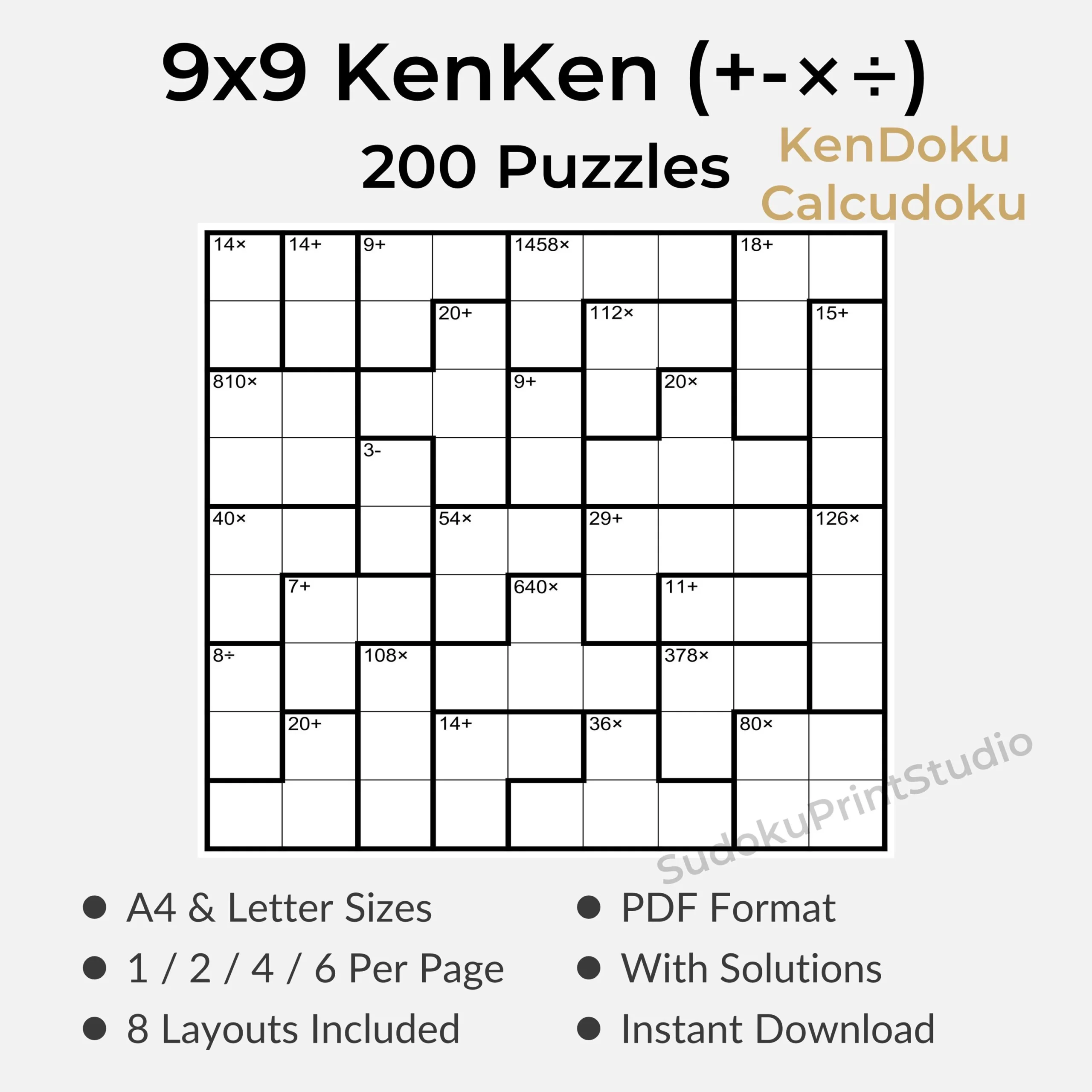 200 Printable 9x9 Kenken kendoku Calcudoku Puzzles Four Operations Add Subtract Multiply Divide A4 Letter PDF With Solutions Etsy Israel