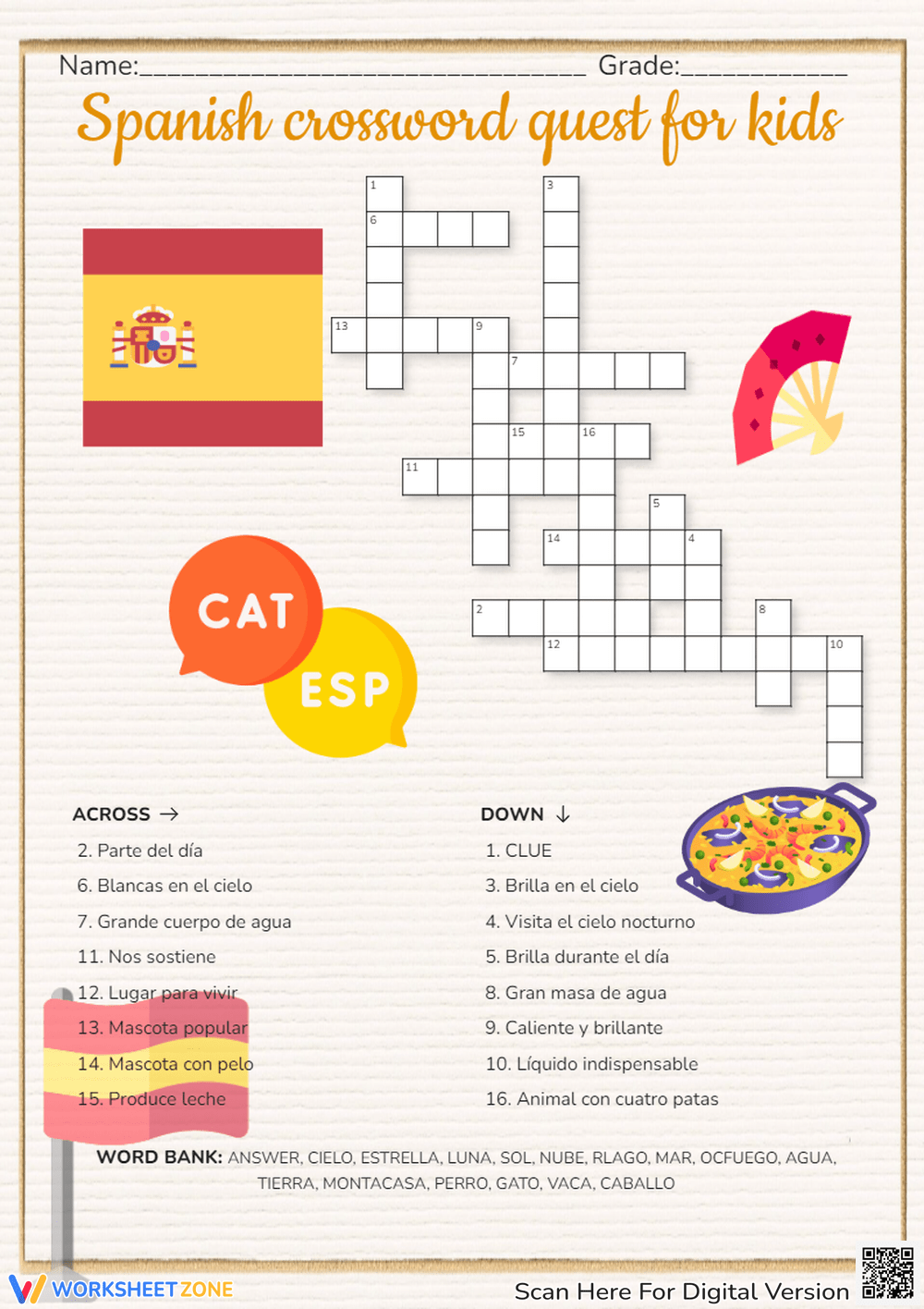2nd Grade Spanish Crossword Puzzle Worksheets Printable