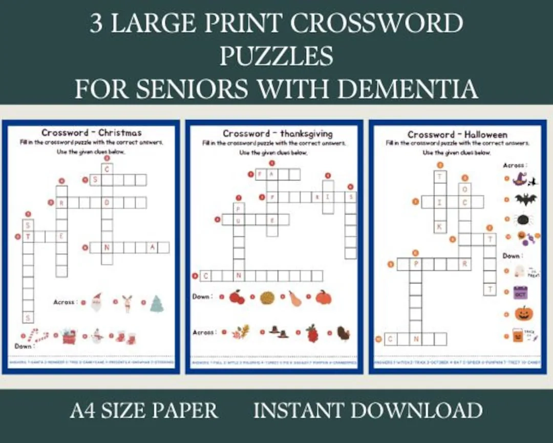 3 Crossword Puzzles Activity For Seniors Large Print Easy Worksheets For Elderly With Alzheimer s Dementia Parkinson Memory Loss Etsy Israel