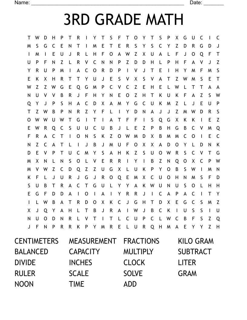 3RD GRADE MATH Word Search WordMint