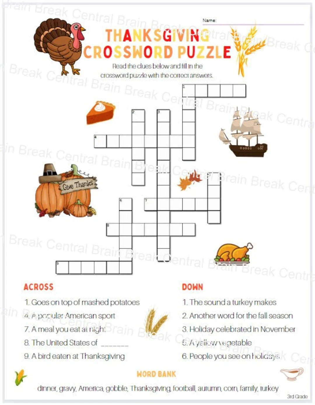 3rd Grade Thanksgiving Crossword Puzzle With Word Bank And Answer Key Printable Etsy Norway