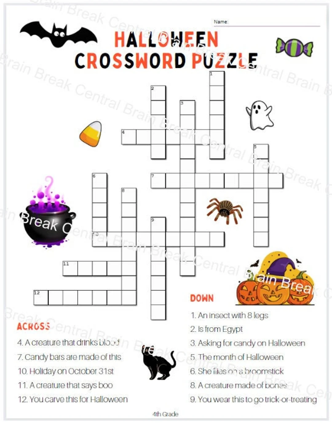 4th Grade Halloween Crossword Puzzle With Answer Key Etsy Canada
