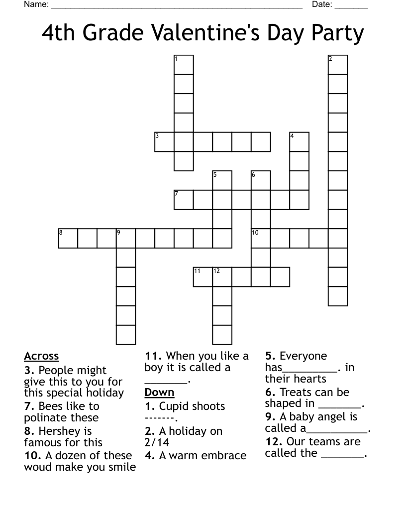 4th Grade Valentine s Day Party Crossword WordMint