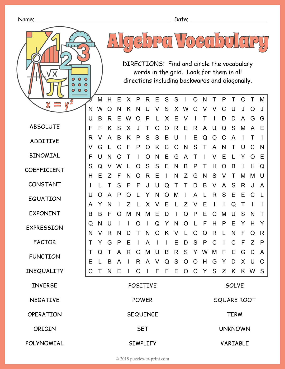 Algebra Word Search