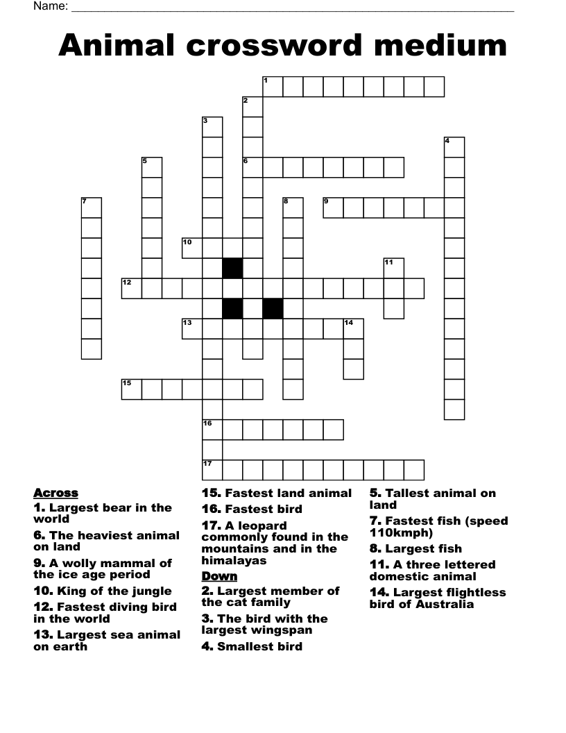 Animal Crossword Medium WordMint