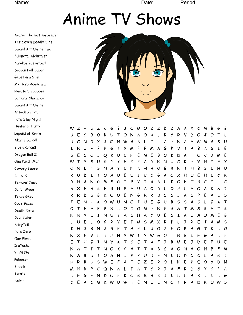 Anime TV Shows Word Search WordMint