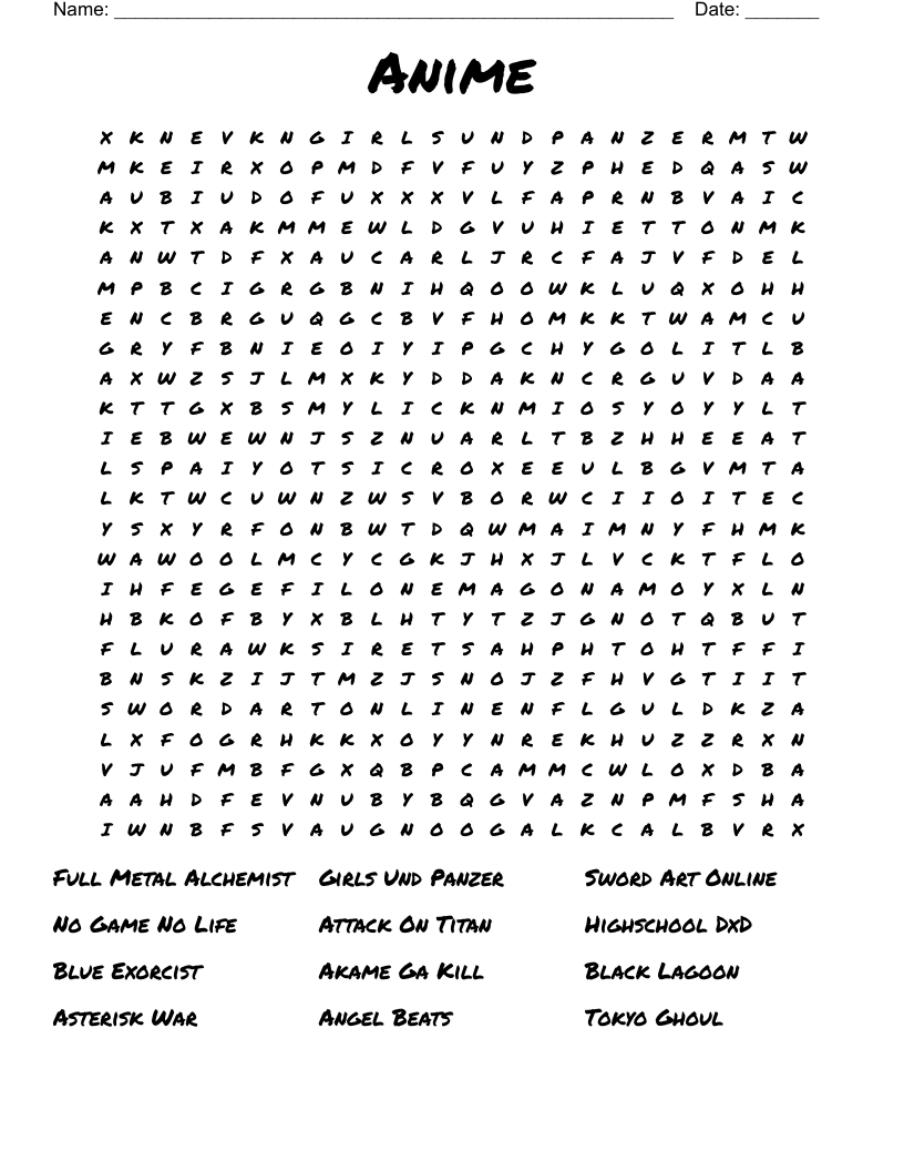 Anime Word Search WordMint