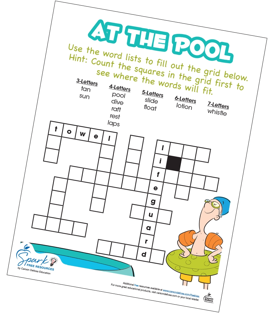 At The Pool Crossword Puzzle Free Printable Carson Dellosa