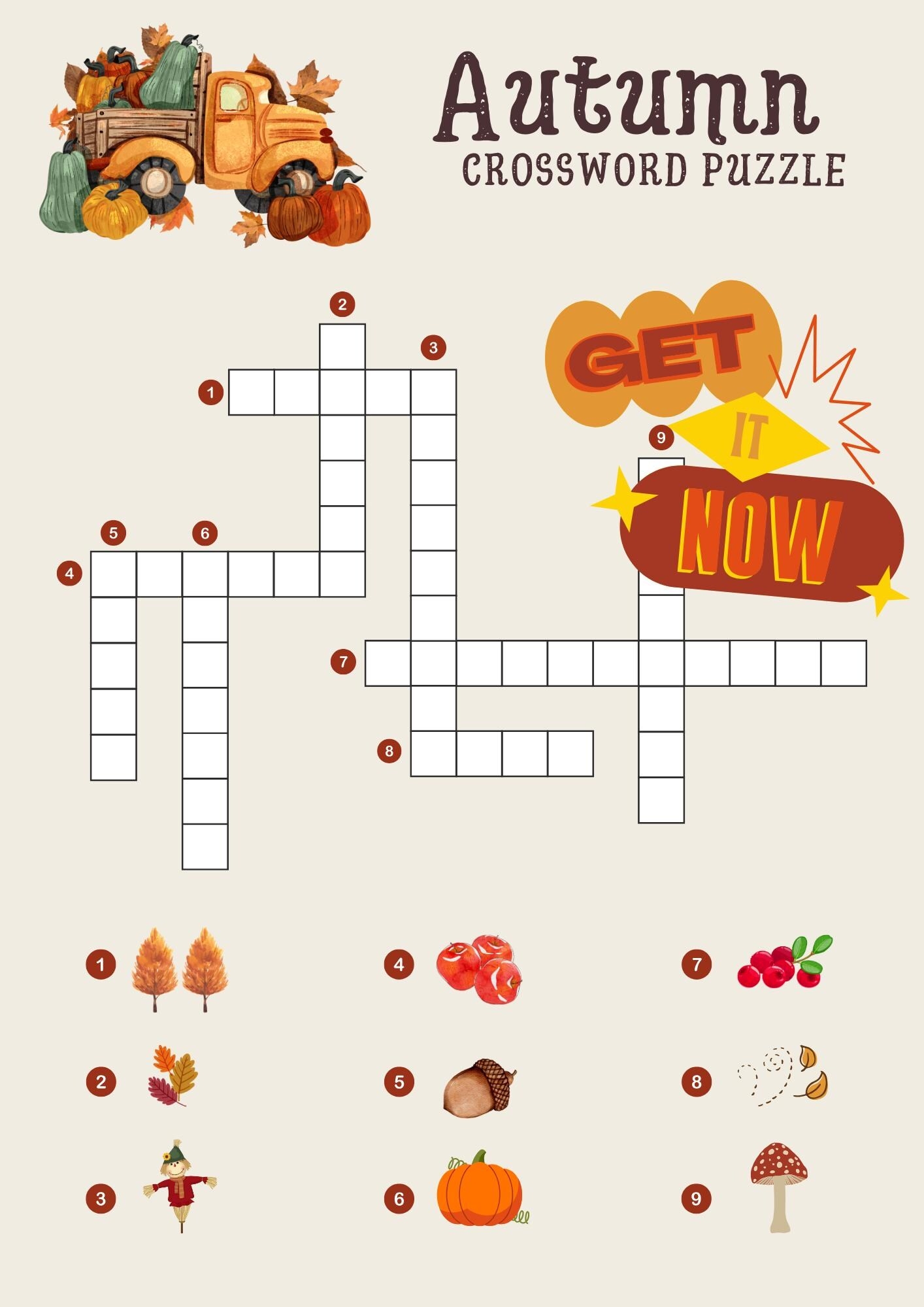 Autumn Crossword Puzzle Fall Activity Kids Game instant Download Etsy