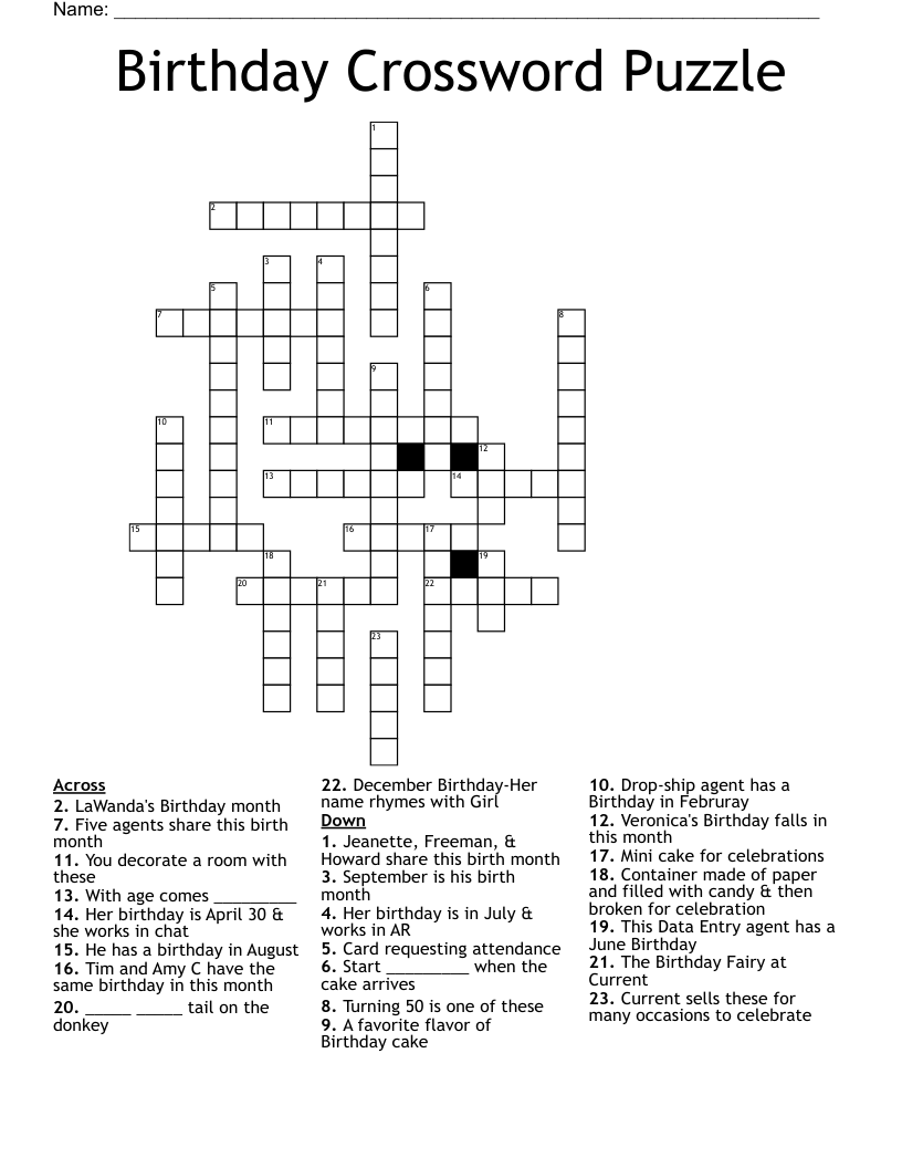 Birthday Crossword Puzzle WordMint