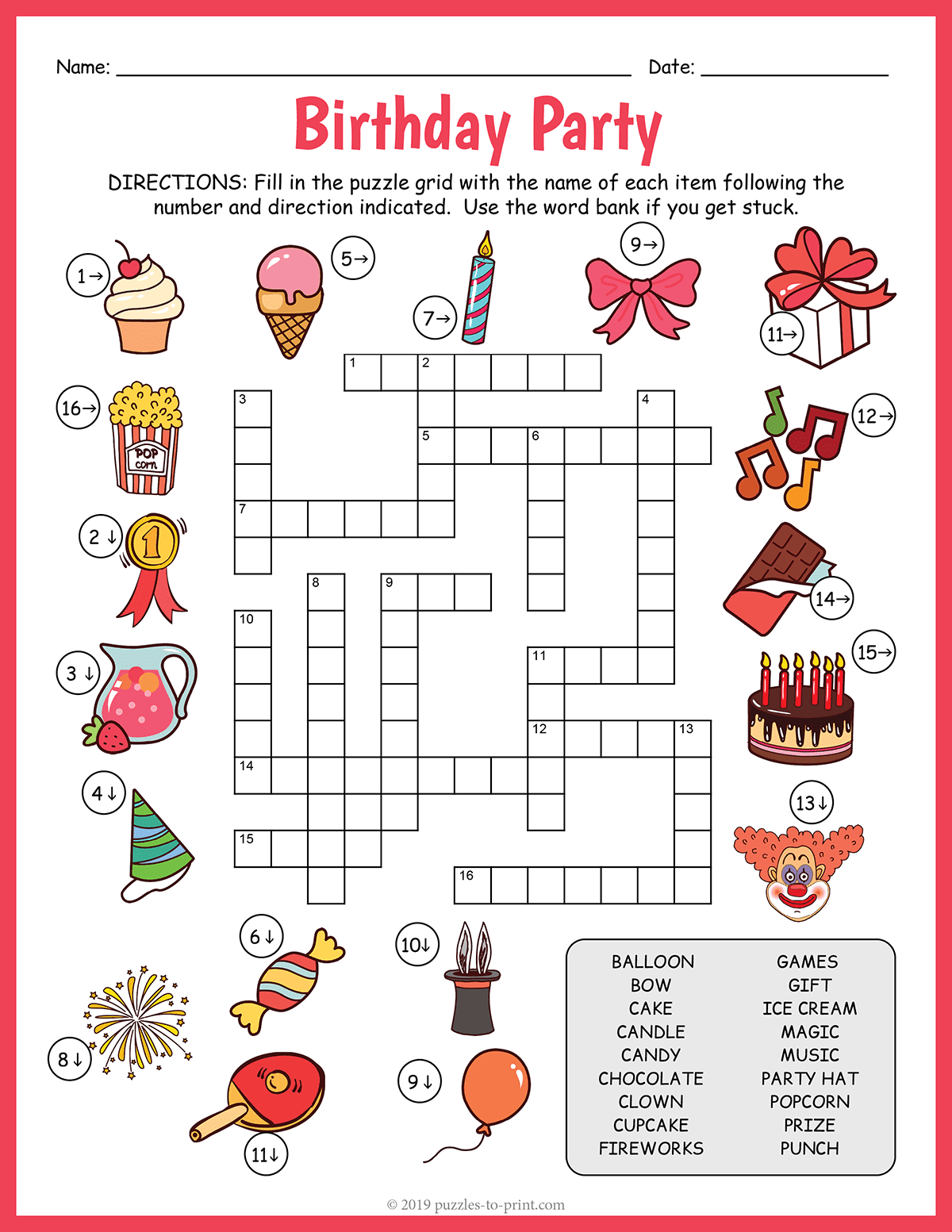 Birthday Party Crossword