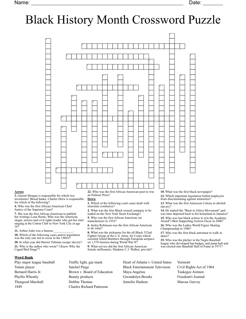 Black History Month Crossword Puzzle WordMint