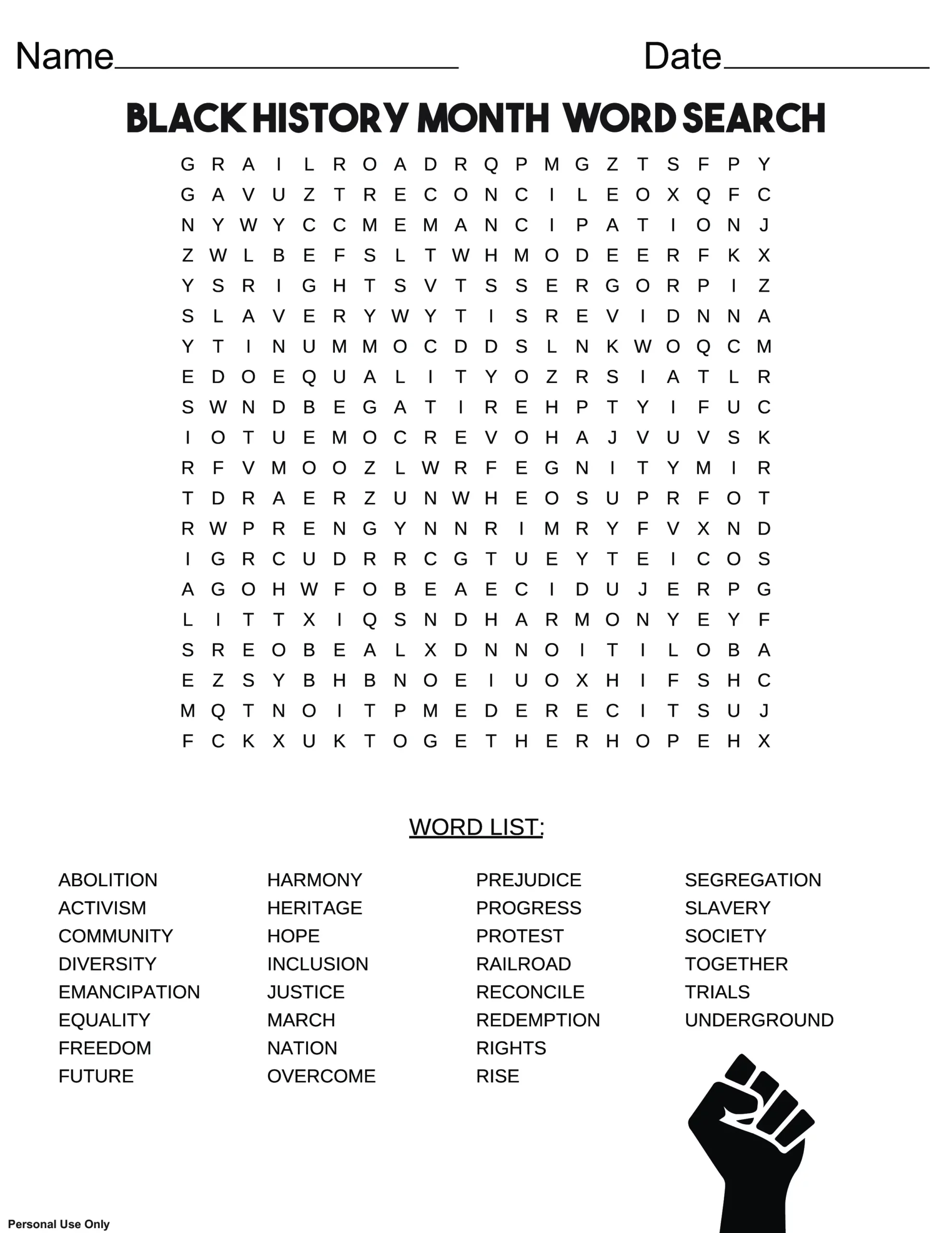 Black History Month Word Search Free Printable PDF