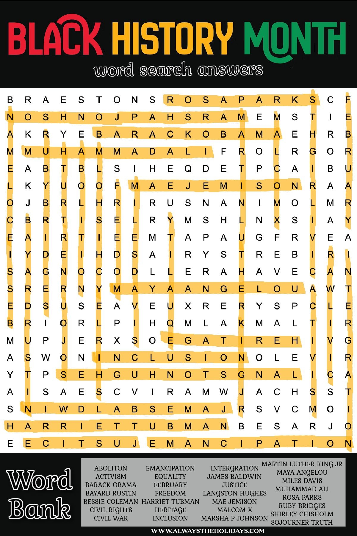 Black History Month Word Search Free Printable With Answer Key