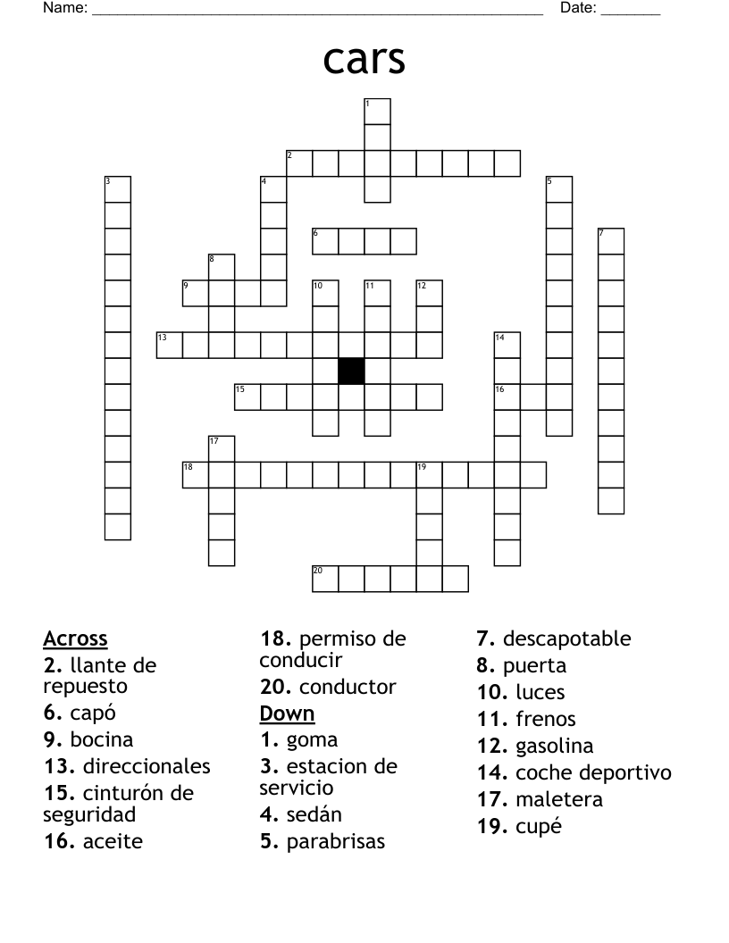 Cars Crossword WordMint