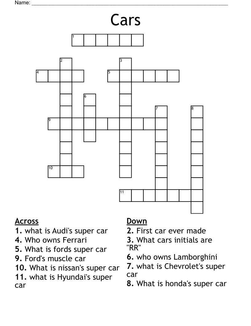 Cars Crossword WordMint