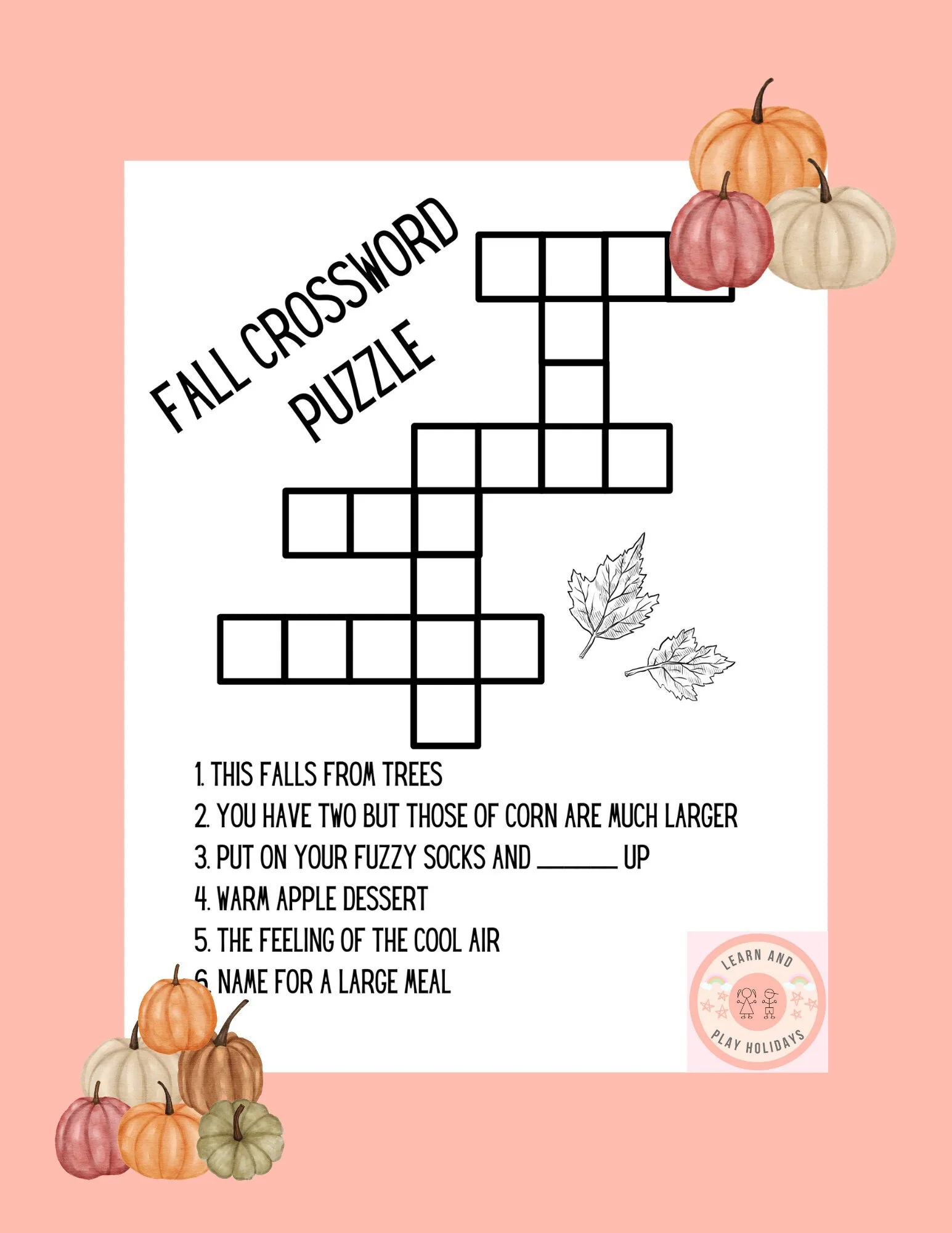 Children s Fall Crossword Puzzle Printable Activity Etsy