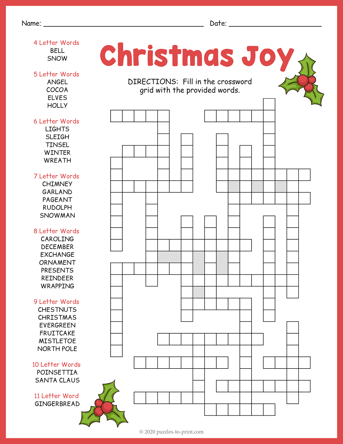 Christmas Crossword Fill In
