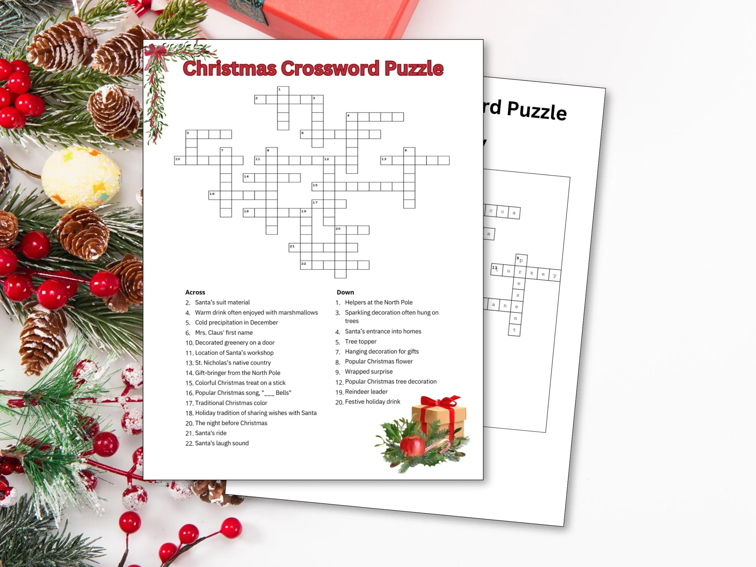 Christmas Crossword Puzzle Printable Worksheet Game kids Adults Family Seniors Etsy