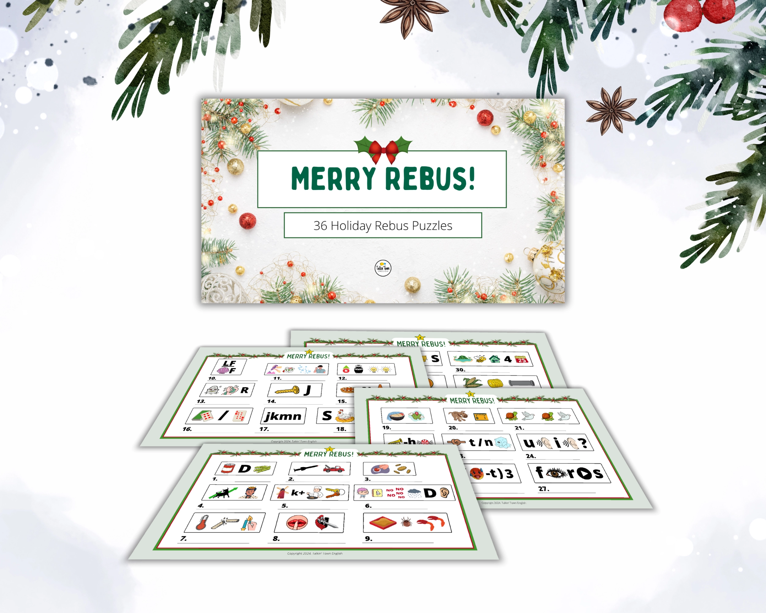 Christmas Holiday Rebus Puzzles Slides Worksheets PDF