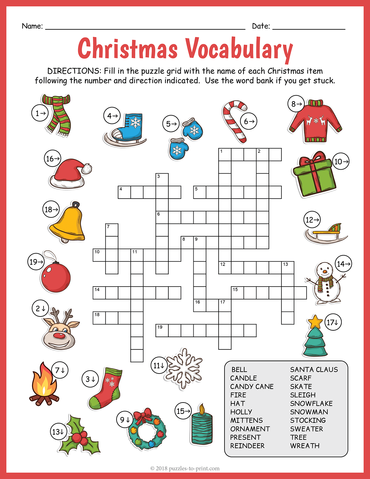 Christmas Vocabulary Image Crossword