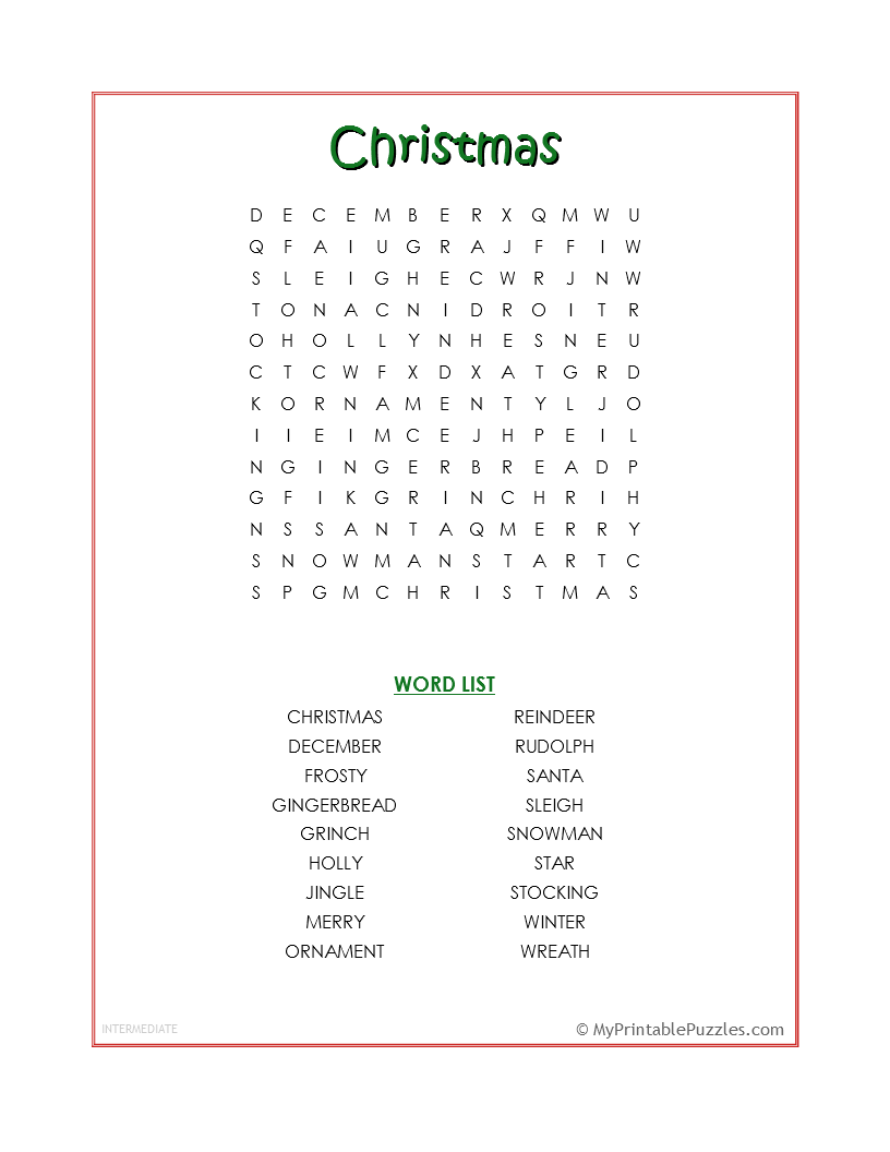 Christmas Word Search Intermediate My Printable Puzzles