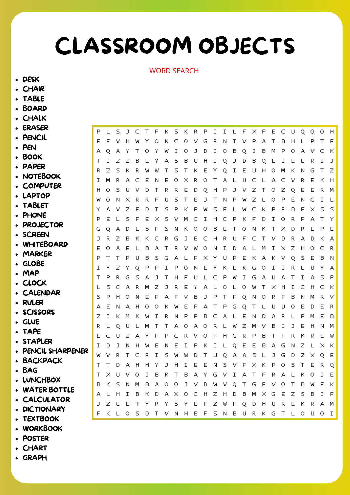 CLASSROOM OBJECTS WORD SEARCH PUZZLE WORKSHEET ACTIVITY BACK TO SCHOOL Made By Teachers
