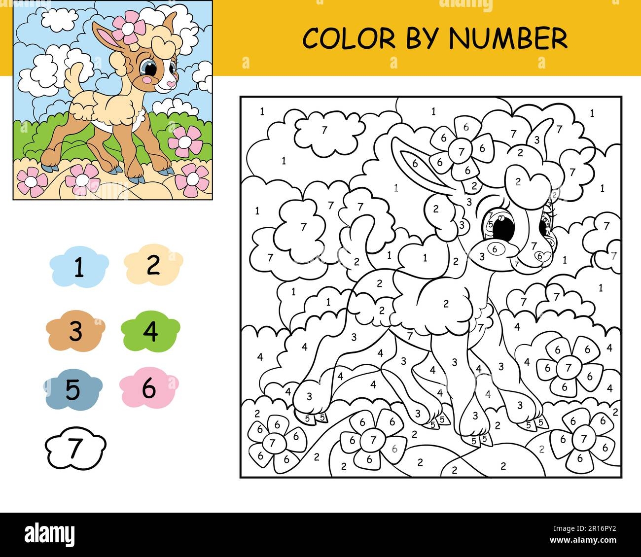 Coloring Puzzle With Number Of Color For Kids With Cute Lamb Printable Coloring Book Worksheet For Kids Leisure Black And White Picture With Color Stock Vector Image Art Alamy