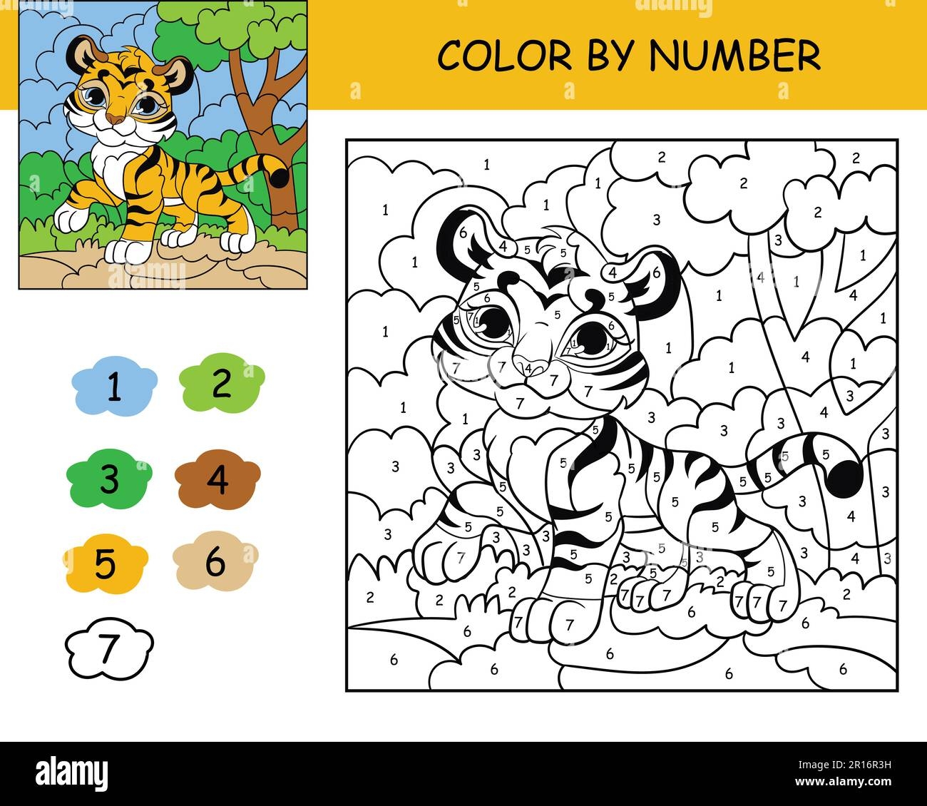 Coloring Puzzle With Number Of Color For Kids With Cute Tiger Printable Coloring Book Worksheet For Kids Leisure Black And White Picture With Color Stock Vector Image Art Alamy