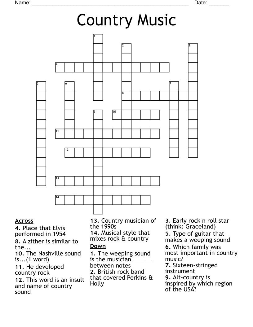 Country Music Crossword WordMint
