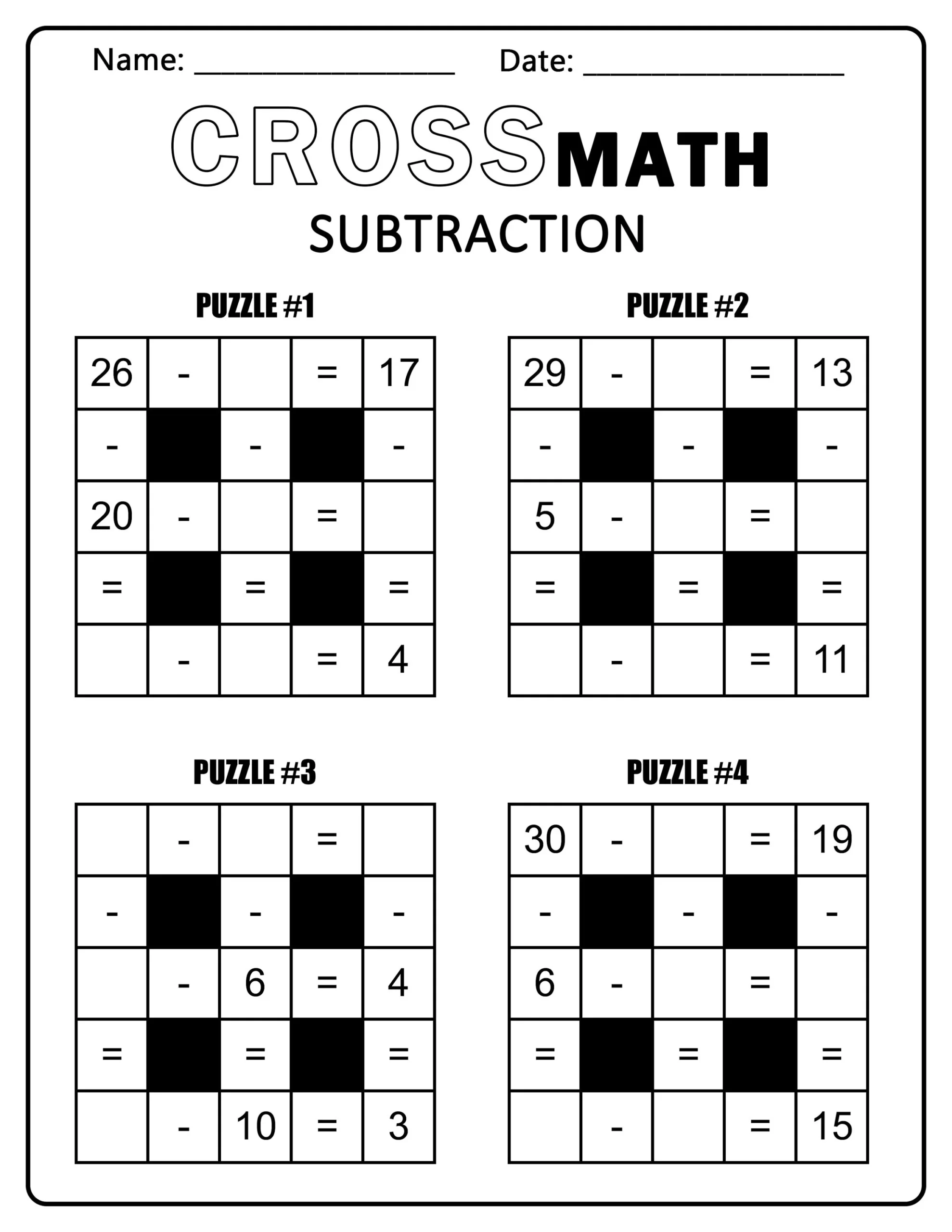 Cross Math Puzzles Subtraction Numbers 1 30 Printable Math Worksheets Educational Resources Activities Etsy