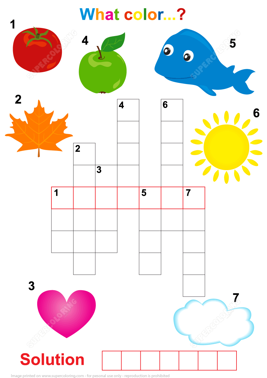 Crossword Puzzle For Children What The Color Free Printable Worksheets
