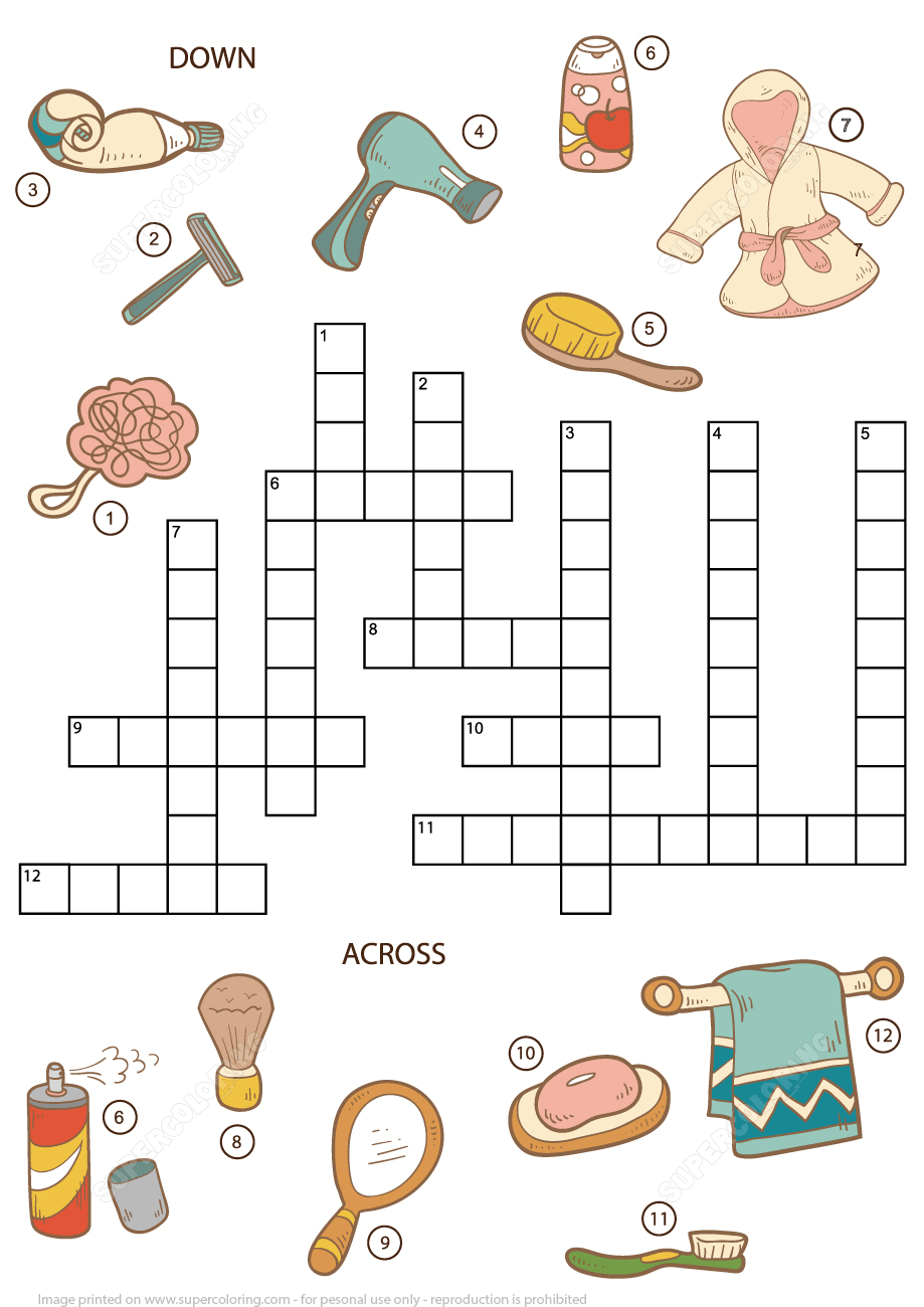 Crossword Puzzle For Girls Beauty And Bathroom Items Free Printable Worksheets