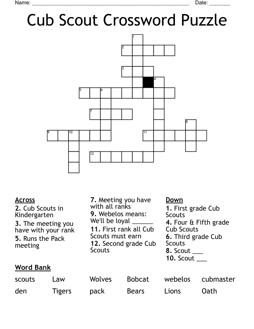 Cub Scout Crossword Puzzle WordMint