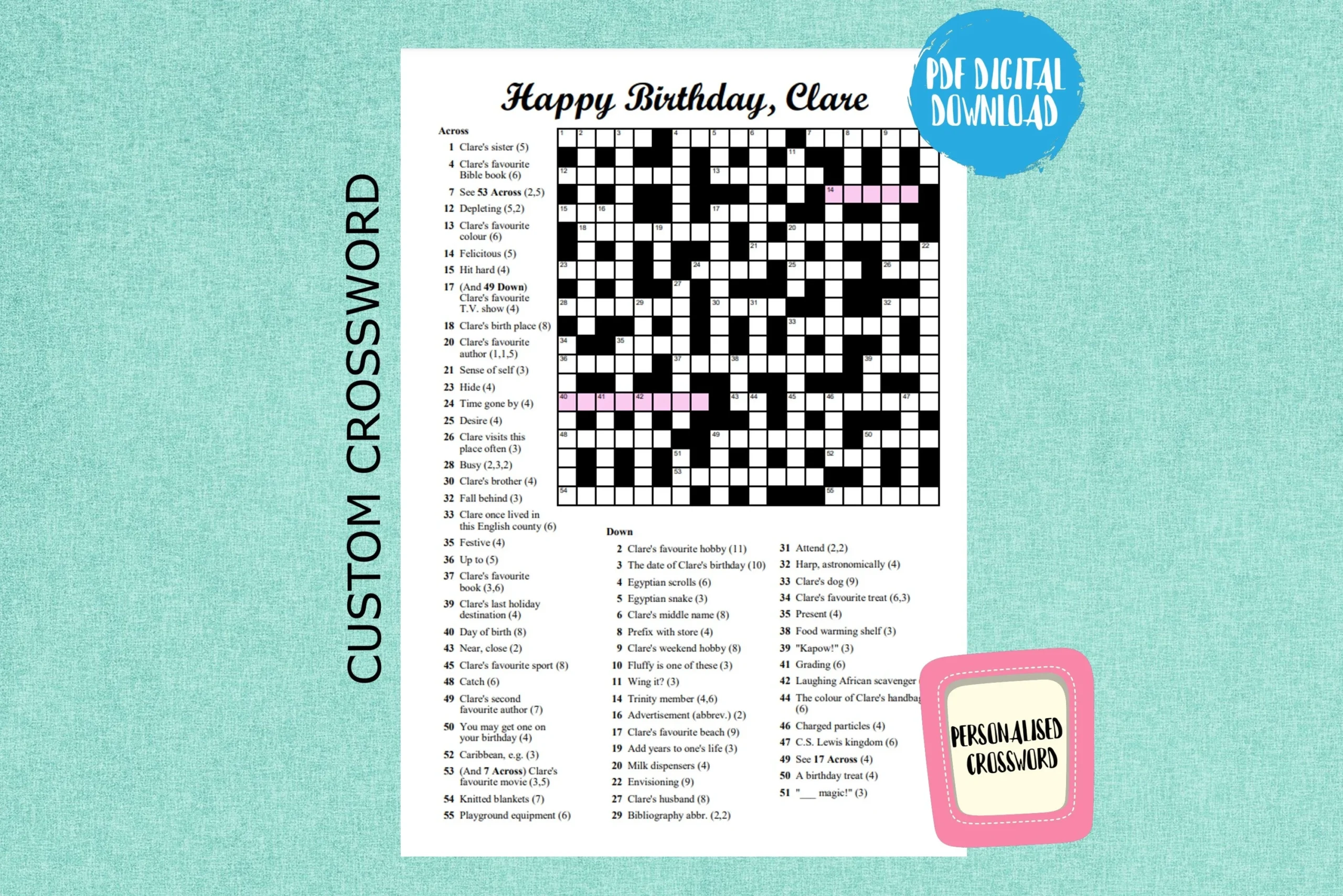 Custom Birthday Crossword Puzzle Personalized Activity Sheet PDF Download A4 letter legal Size Etsy