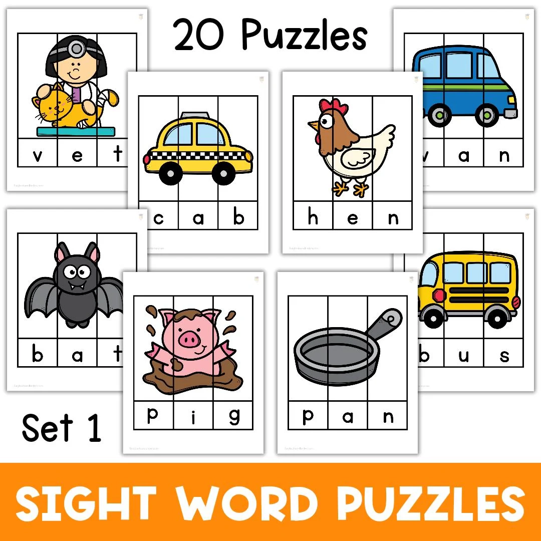 CVC Sight Word Puzzles Printable Kindergarten Puzzles Preschool Puzzles Classroom Printables Reading Matching