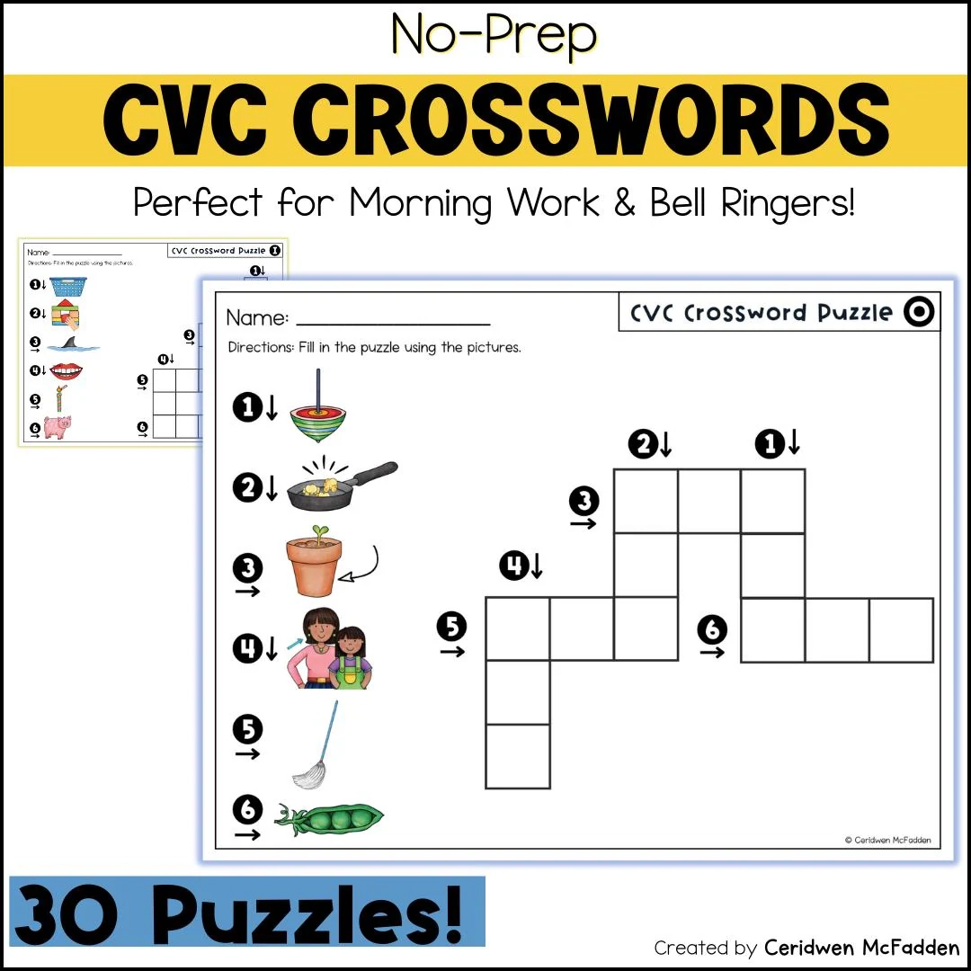 CVC Worksheets 30 No prep Crossword Puzzles Short Vowel Morning Work Bell Ringers Literacy Centers Etsy
