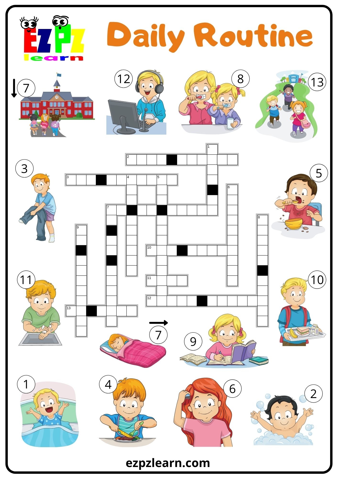 Daily Routine Crossword Worksheet Ezpzlearn