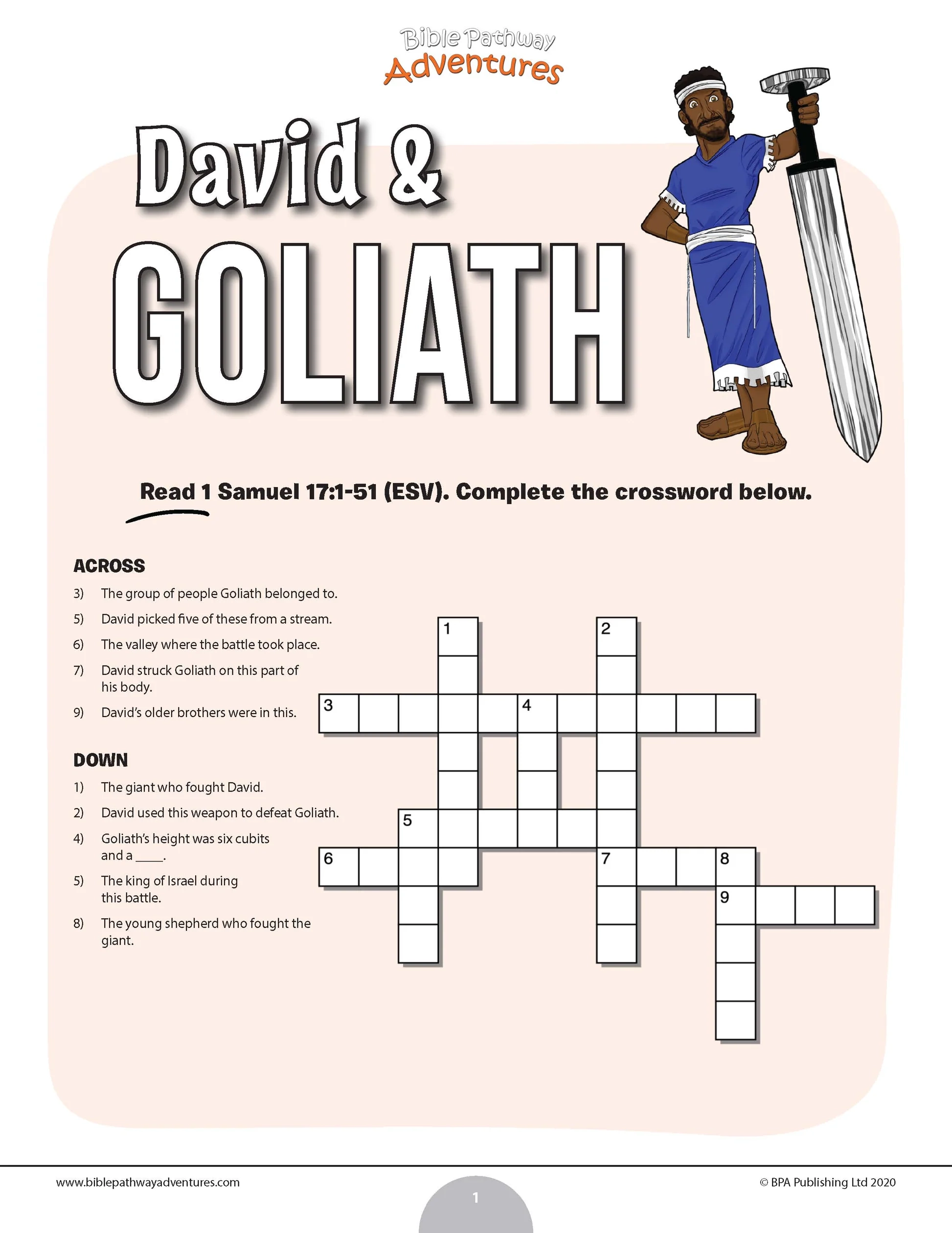 David Goliath Bible Crossword Puzzle PDF Bible Pathway Adventures