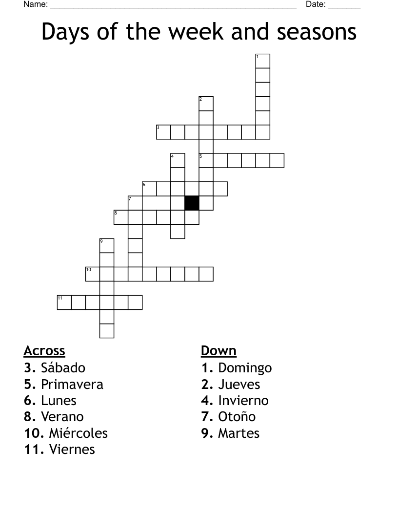 Days Of The Week And Seasons Crossword WordMint